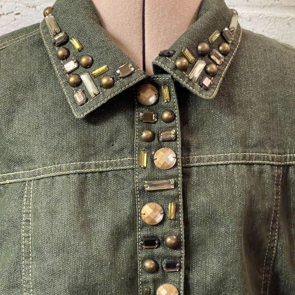 Ruby Rd. Green Rhinestone Denim Jean Jacket 10 - Picture 4 of 11